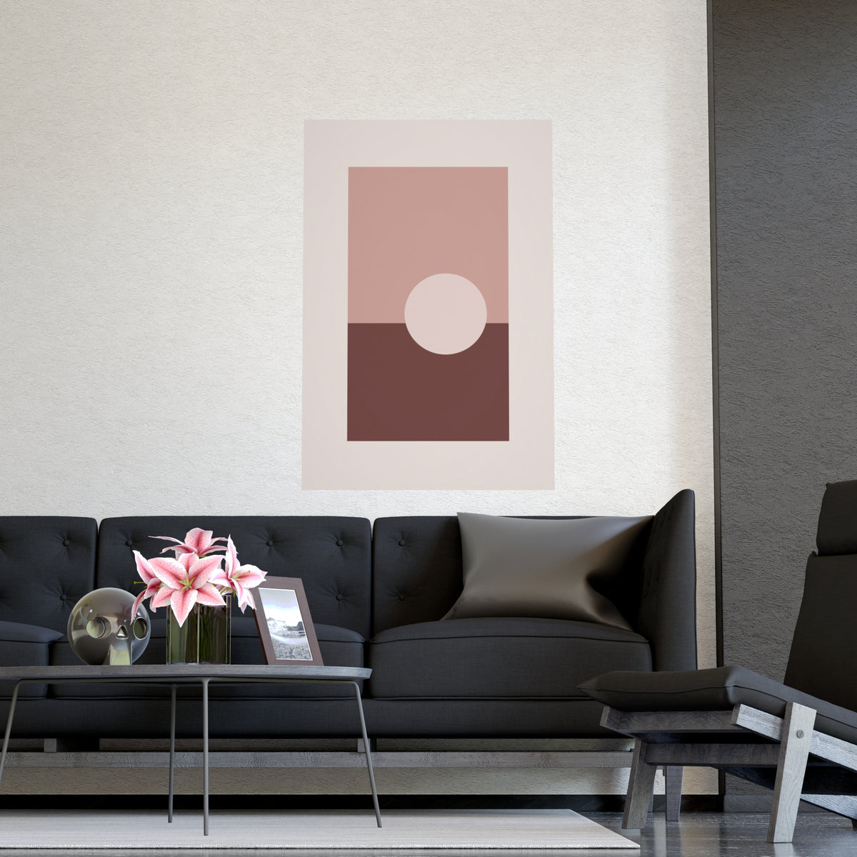 Dusty Rose Sun Landscape Wall Art — sun landscape in a dusty rose palette, shown framed on a wall