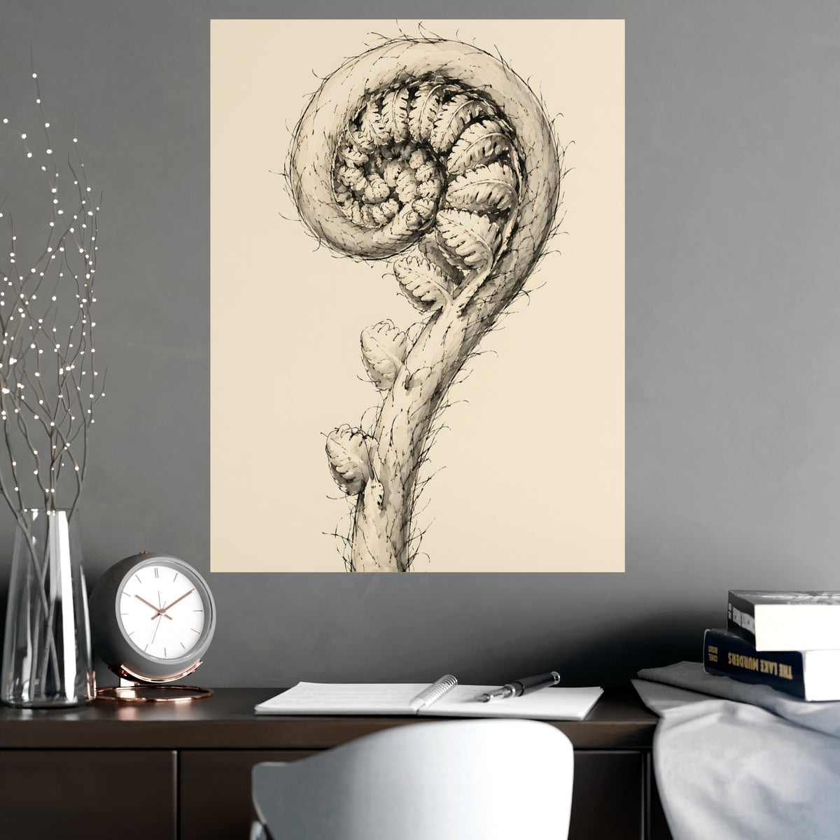Fern, Still Curled — fern, still curled, shown framed on a wall