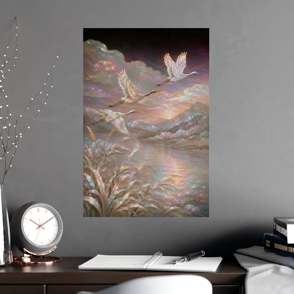 Cranes over Water — cranes over water, shown framed on a wall