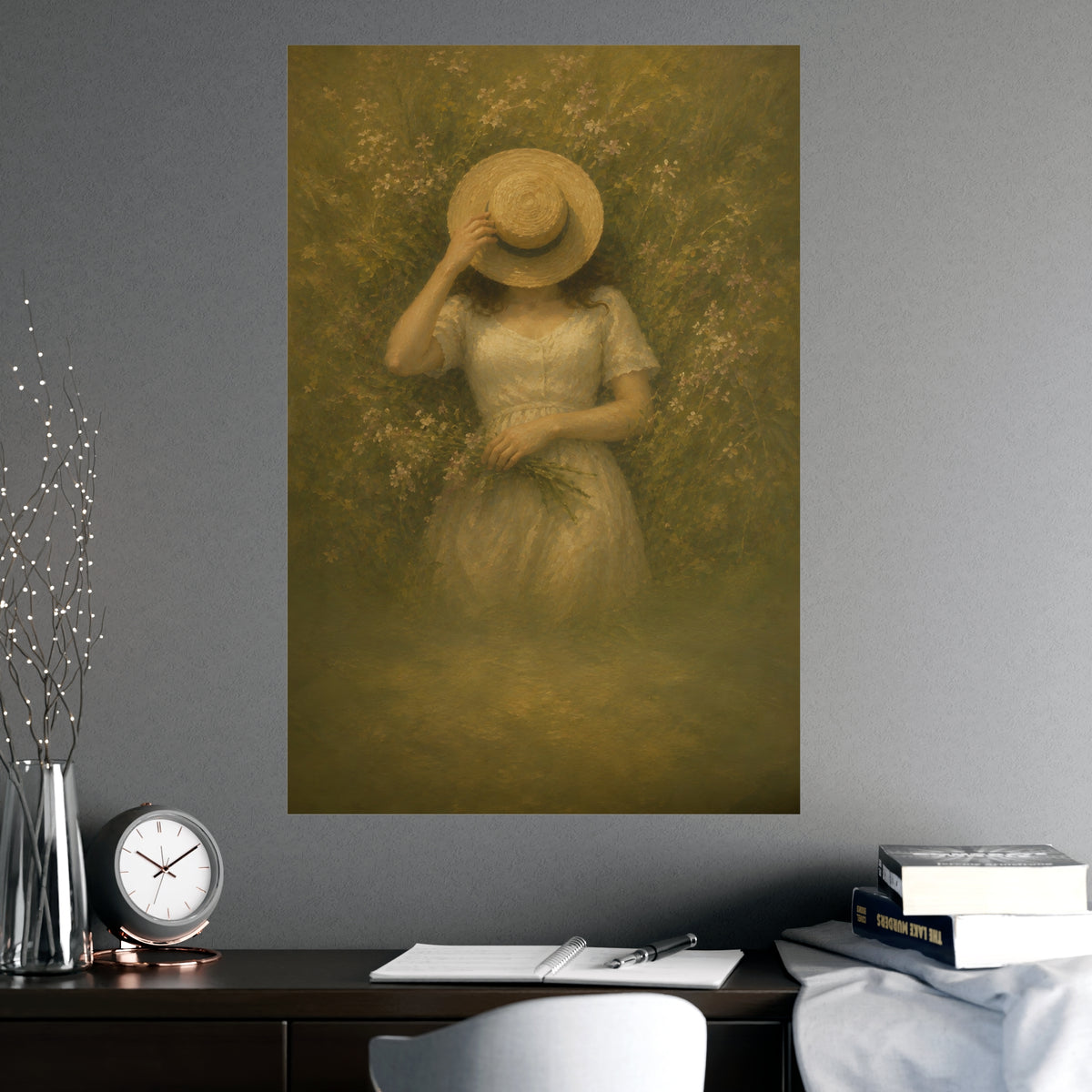 The Straw Hat — a woman lying in long grass seen from directly above, a straw hat laid over her face, shown framed on a wall