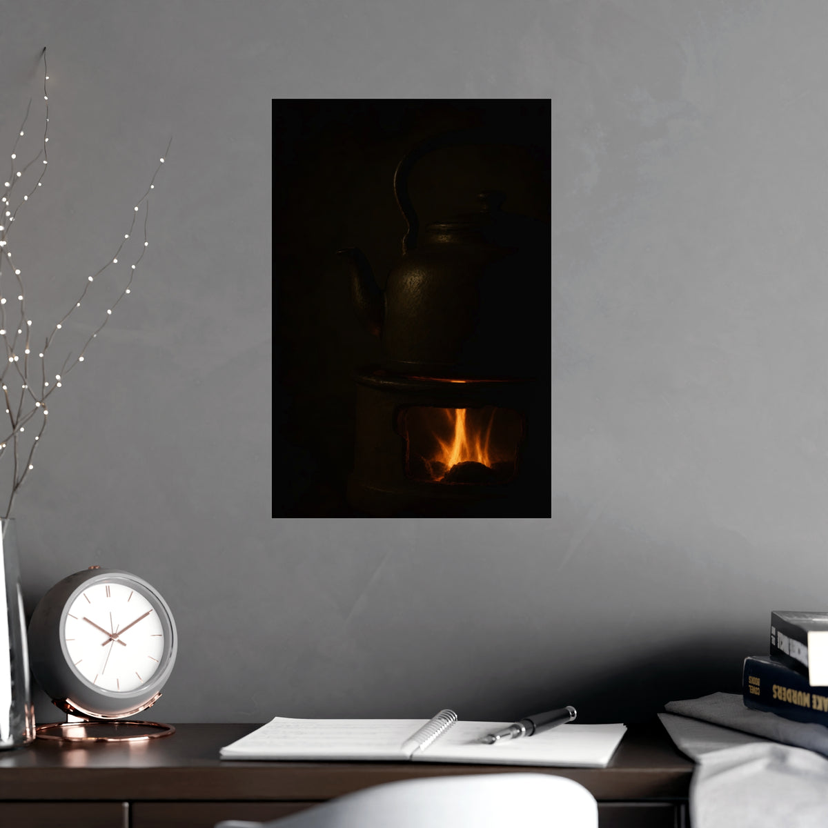Under the Kettle — under the kettle, shown framed on a wall