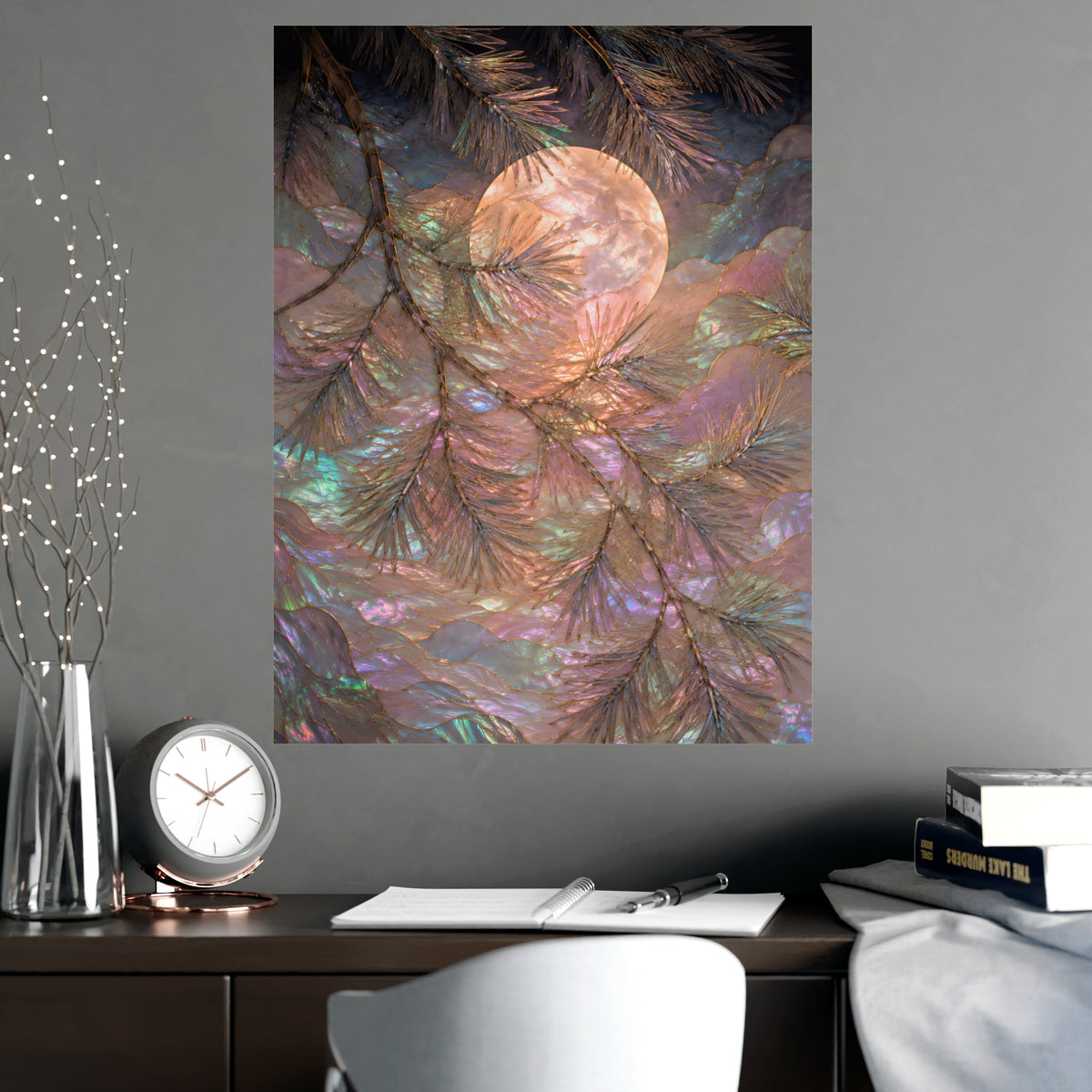 Moon behind Pines — moon behind pines, shown framed on a wall