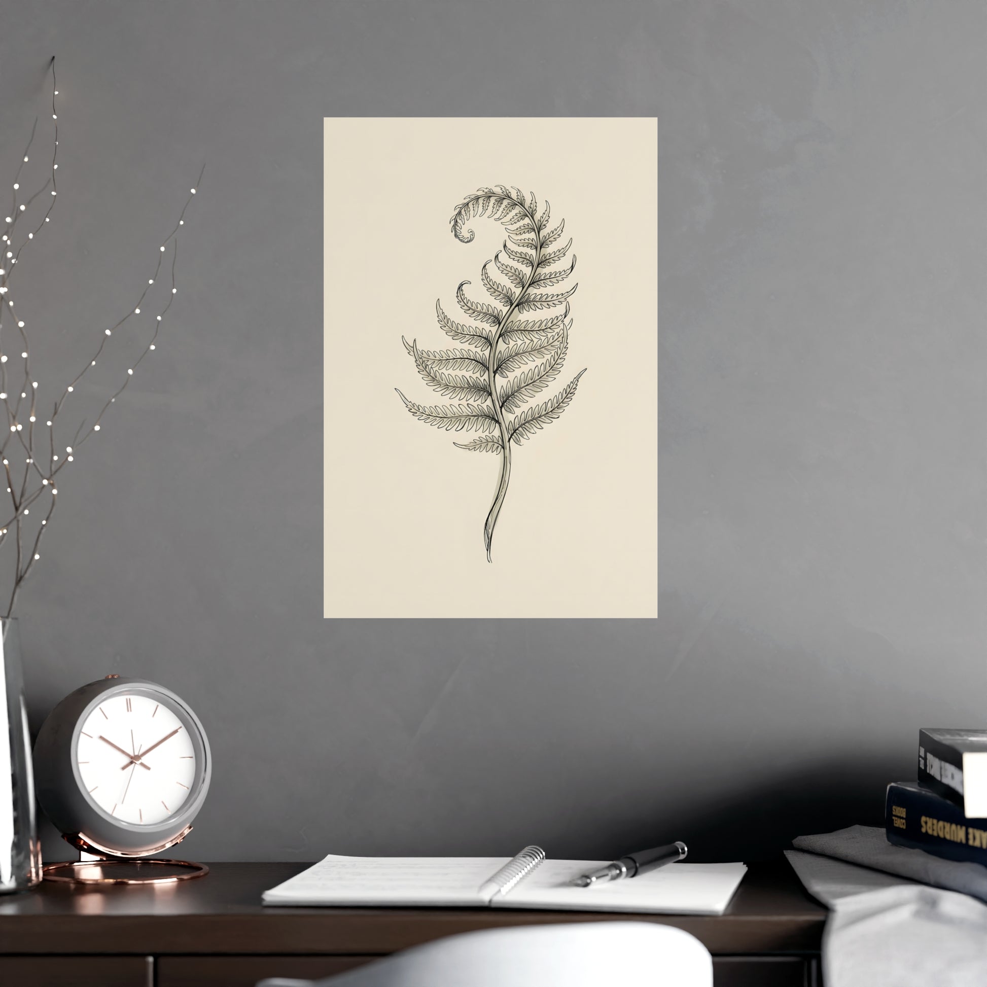 Fern Frond on a living room wall beside a tall vase, 12x18 in print