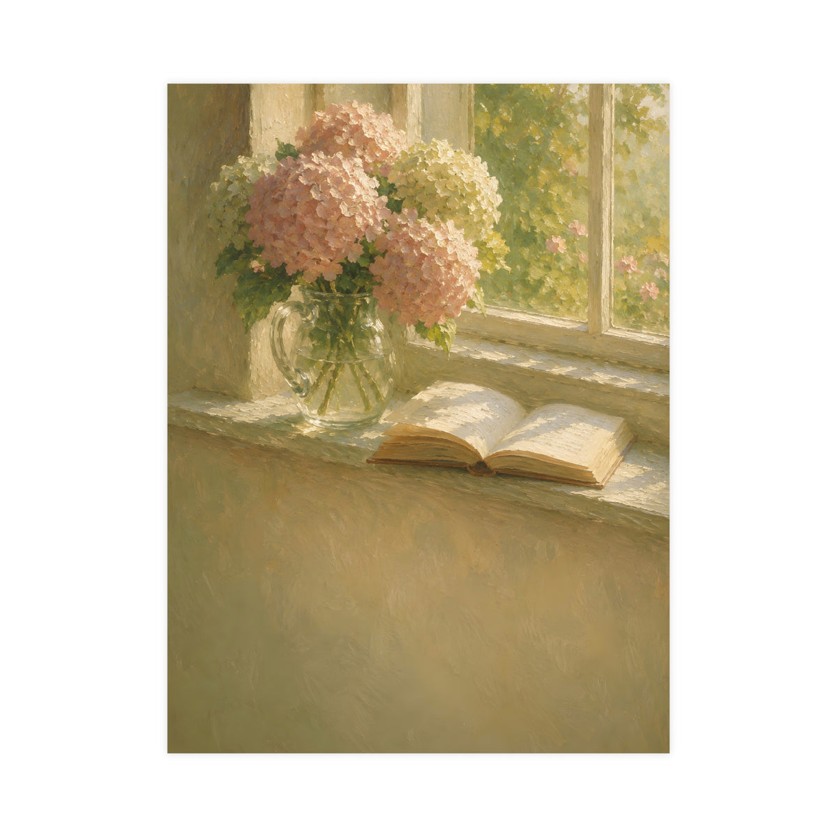 Hydrangeas and a Book — hydrangeas in a glass jug beside an open book on a sunlit windowsill, 18x24 in print