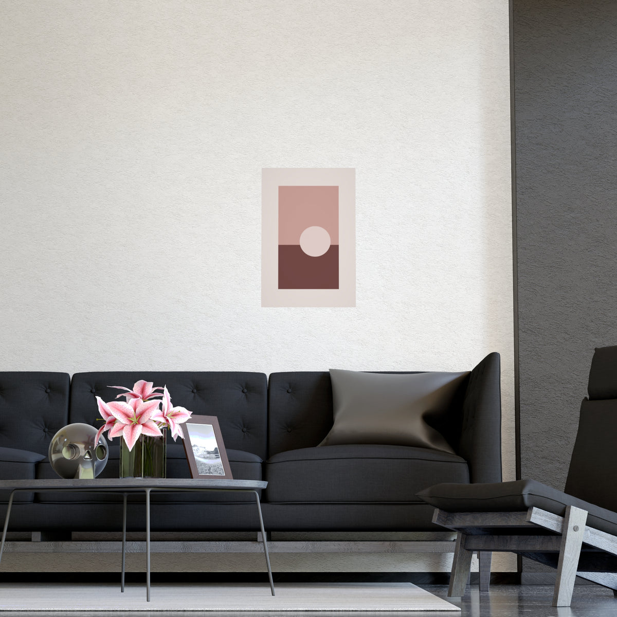 Dusty Rose Sun Landscape Wall Art — sun landscape in a dusty rose palette, shown framed on a wall