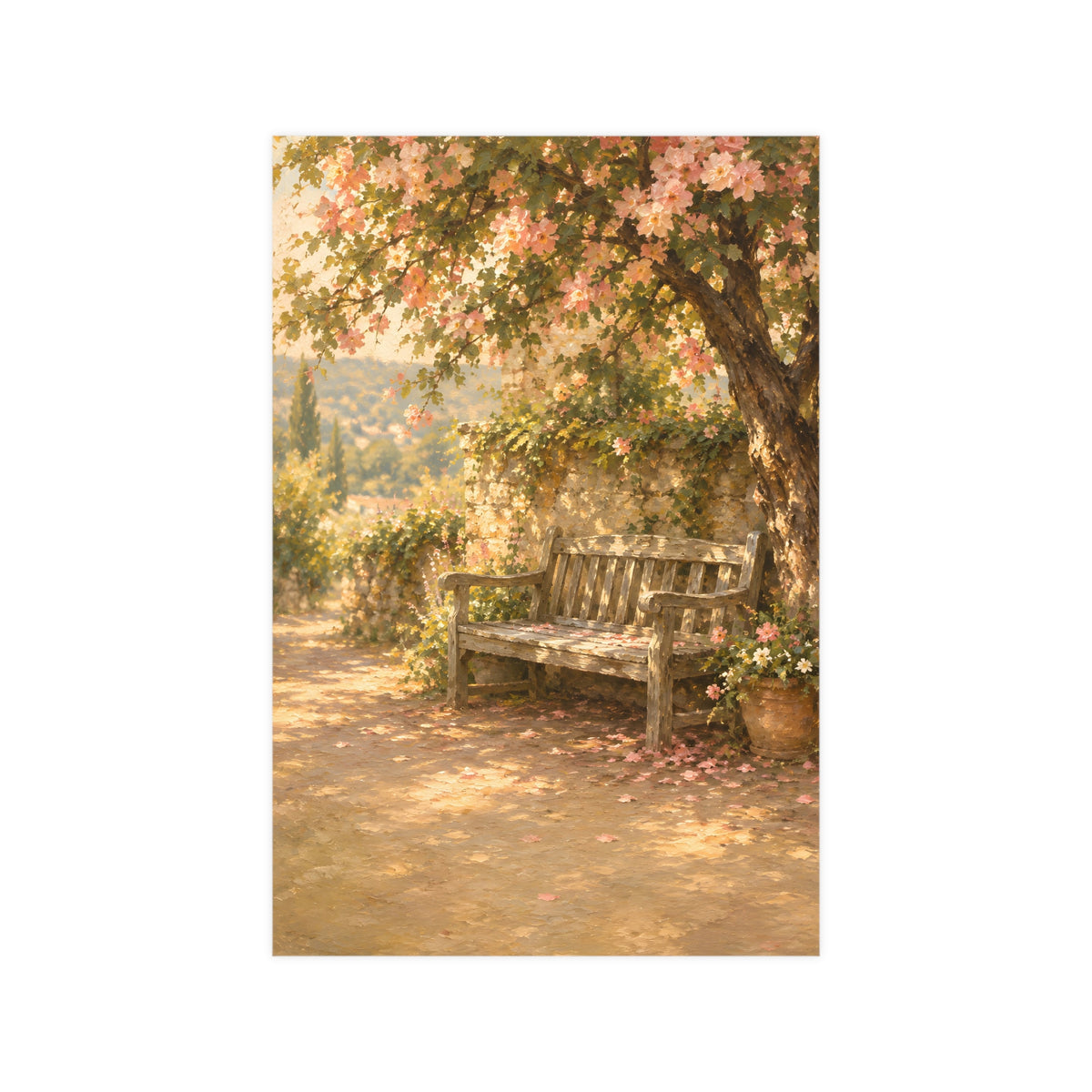 Bench Under Blossom — a weathered wooden bench under a flowering tree in a quiet garden, 12x18 in print
