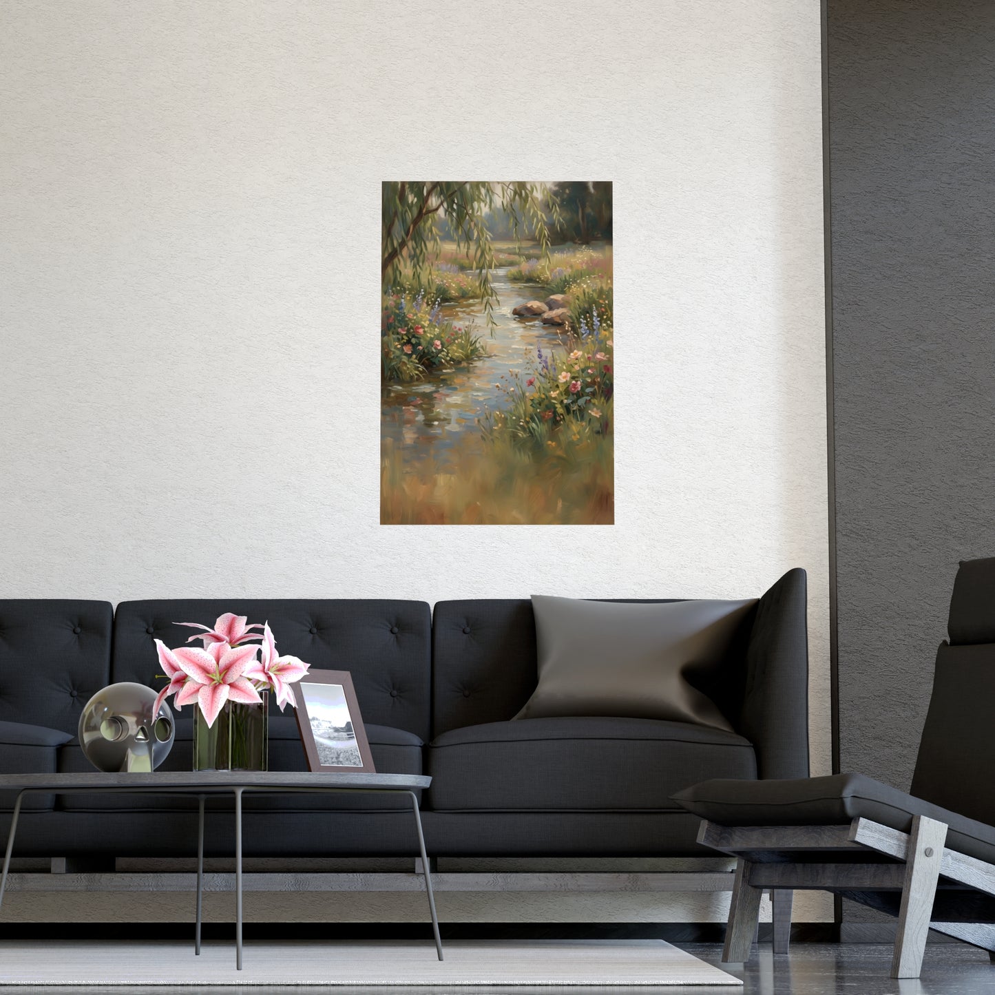 Willow Stream hung on a grey wall above a dark sofa, 12x18 in print