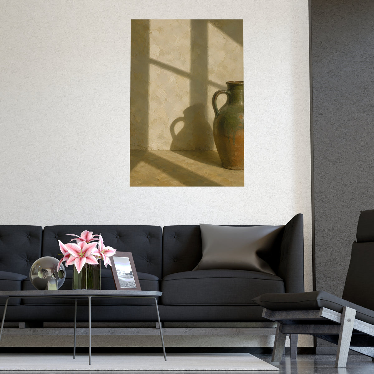 A Long Shadow on Plaster — a long shadow on plaster, shown framed on a wall