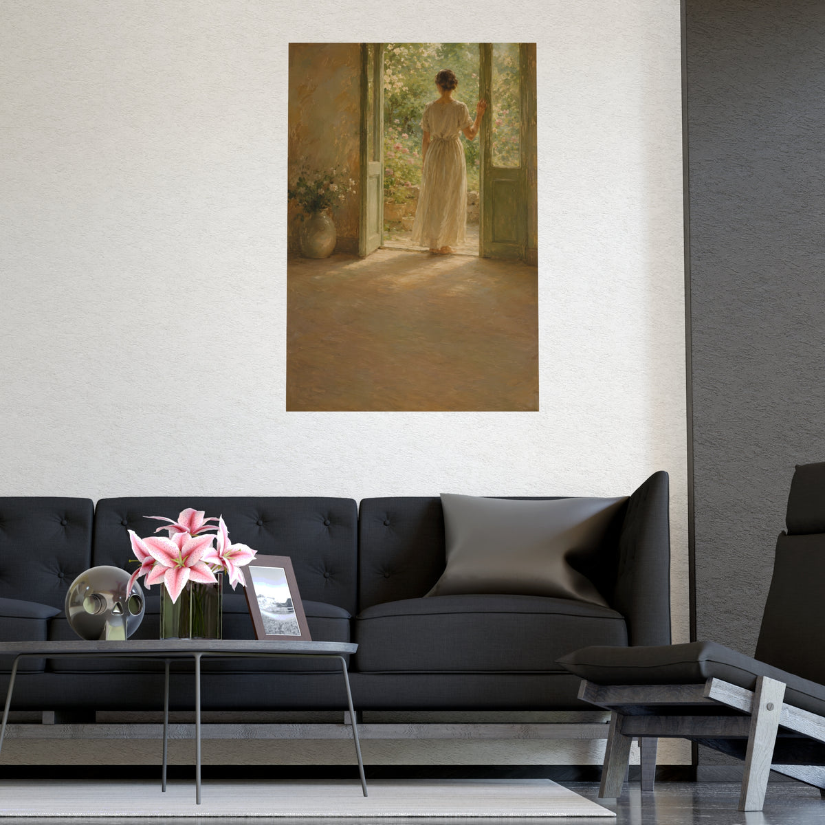 Doorway to the Garden — a woman in a linen dress standing in an open doorway looking out to a summer garden, shown framed on