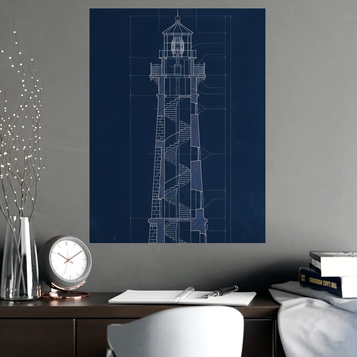 Lighthouse, in Section hung above a desk with a clock and notebook, 18x24 in print