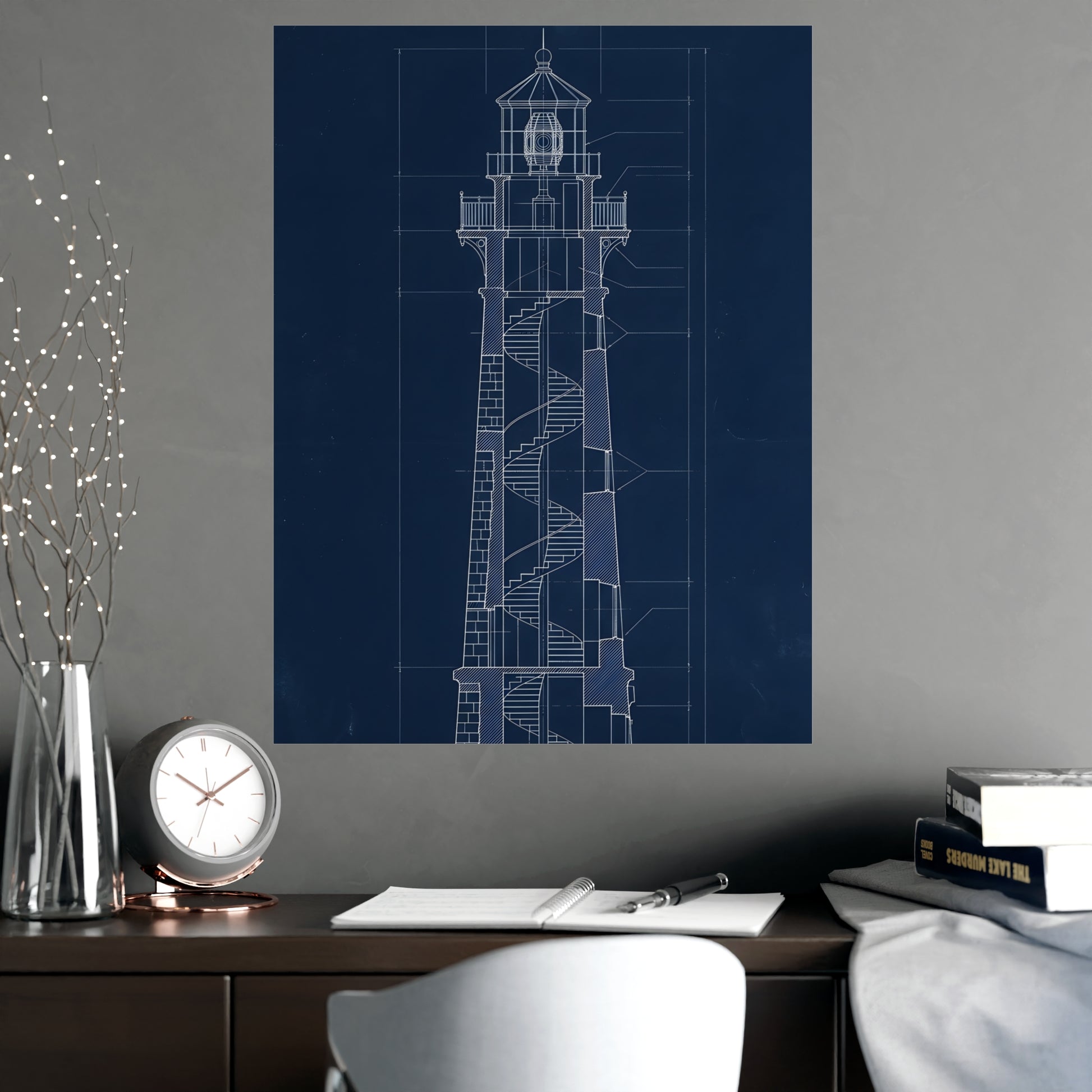 Lighthouse, in Section hung above a desk with a clock and notebook, 18x24 in print