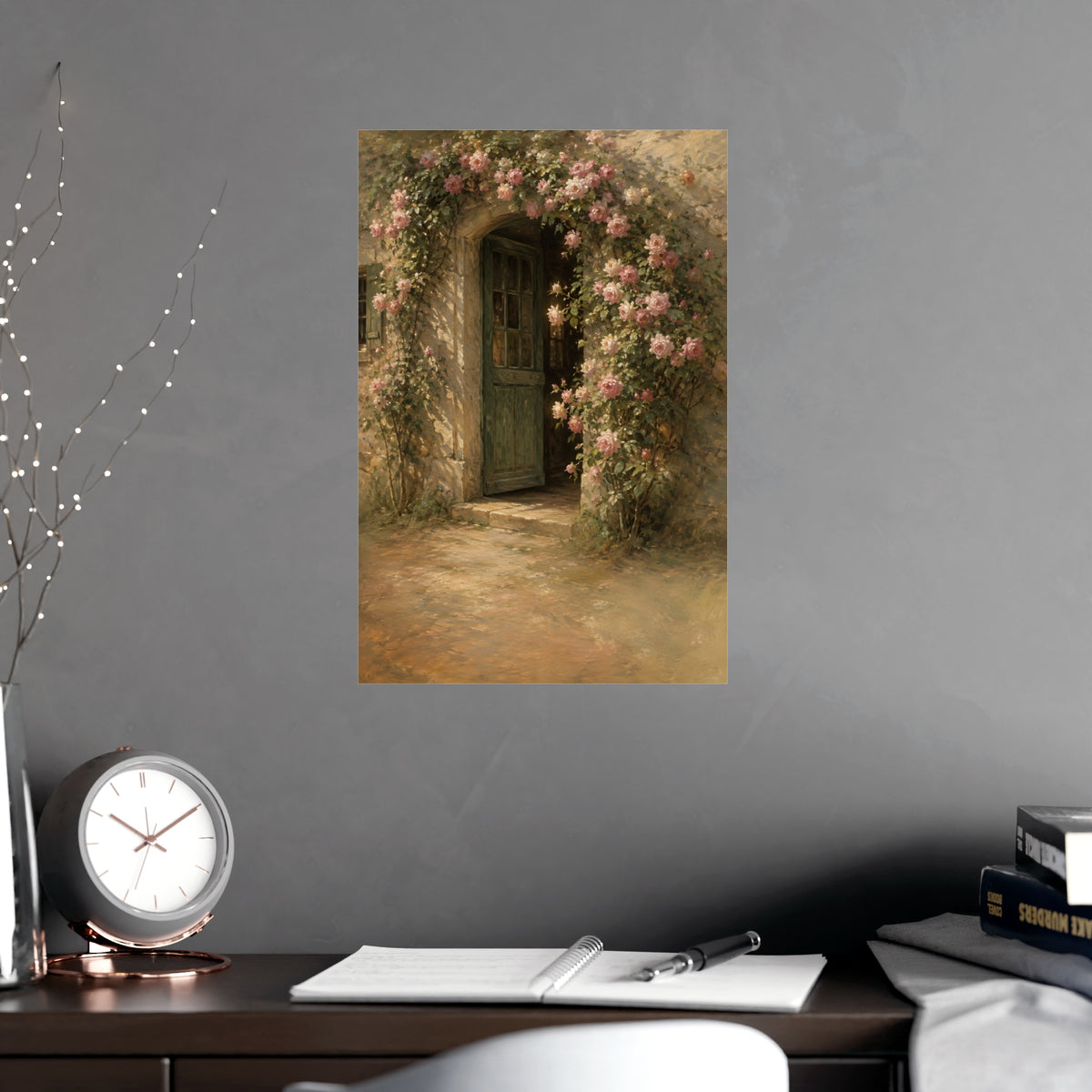 Rose Cottage Door — a stone cottage doorway framed by climbing roses in full bloom, shown framed on a wall