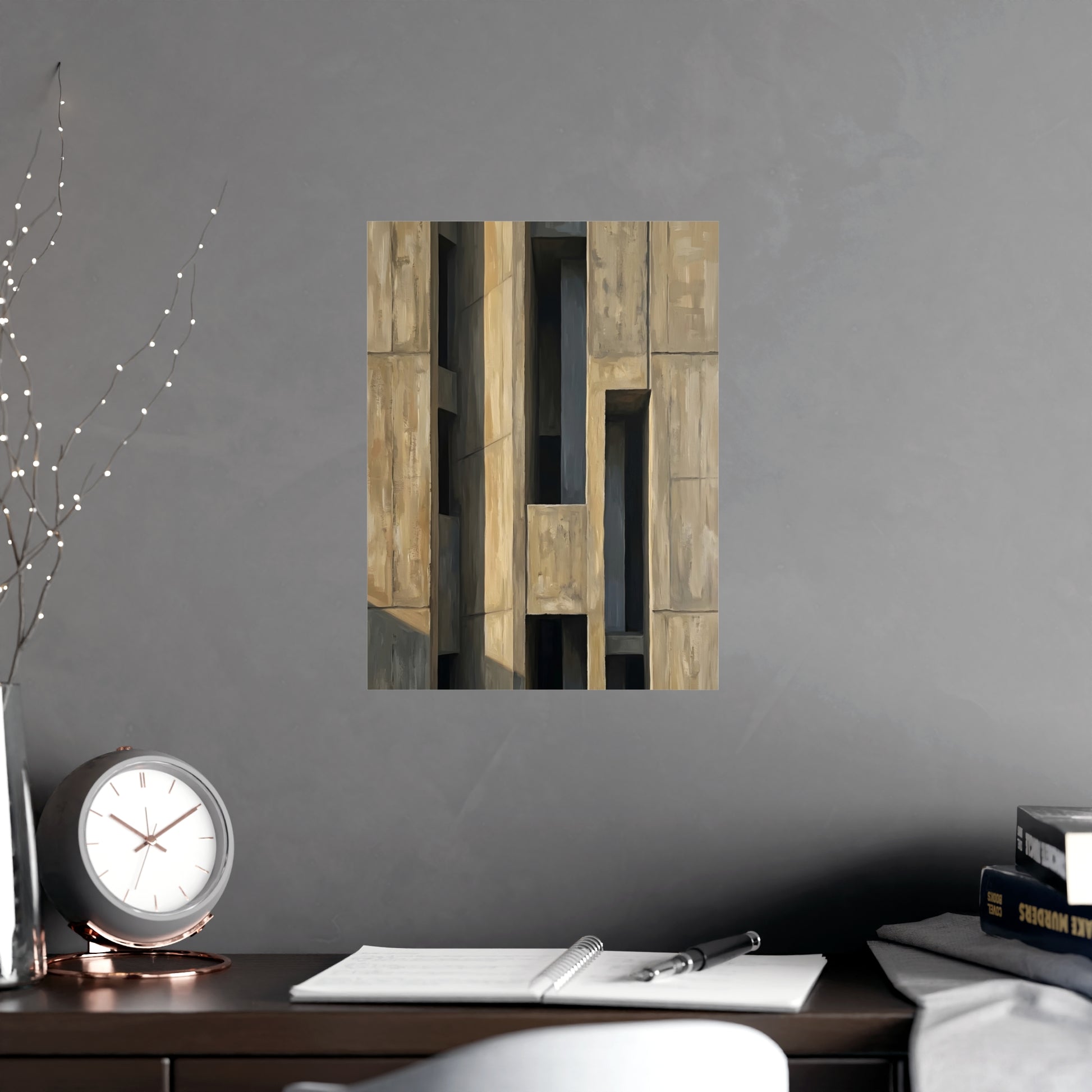 Facade at Dusk on a living room wall beside a tall vase, 12x18 in print
