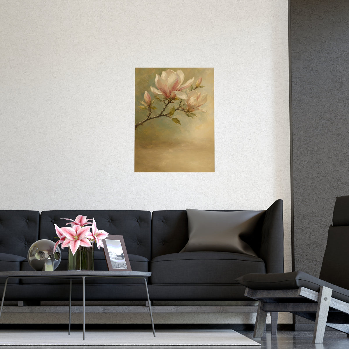 Magnolia Branch — a single magnolia branch in bloom, shown framed on a wall