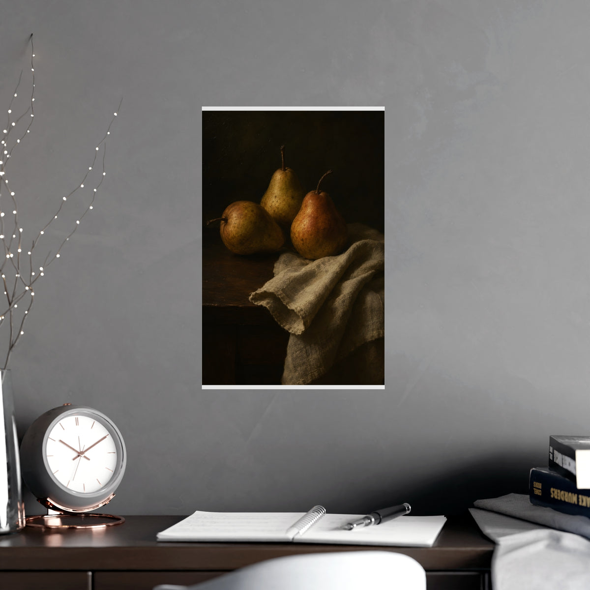 Three Pears — three pears, shown framed on a wall