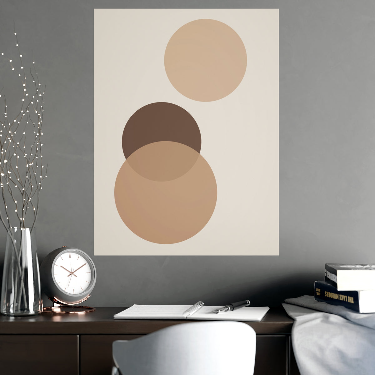 Sand Clay Circles Modern Wall Art — circles in a sand clay palette, shown framed on a wall