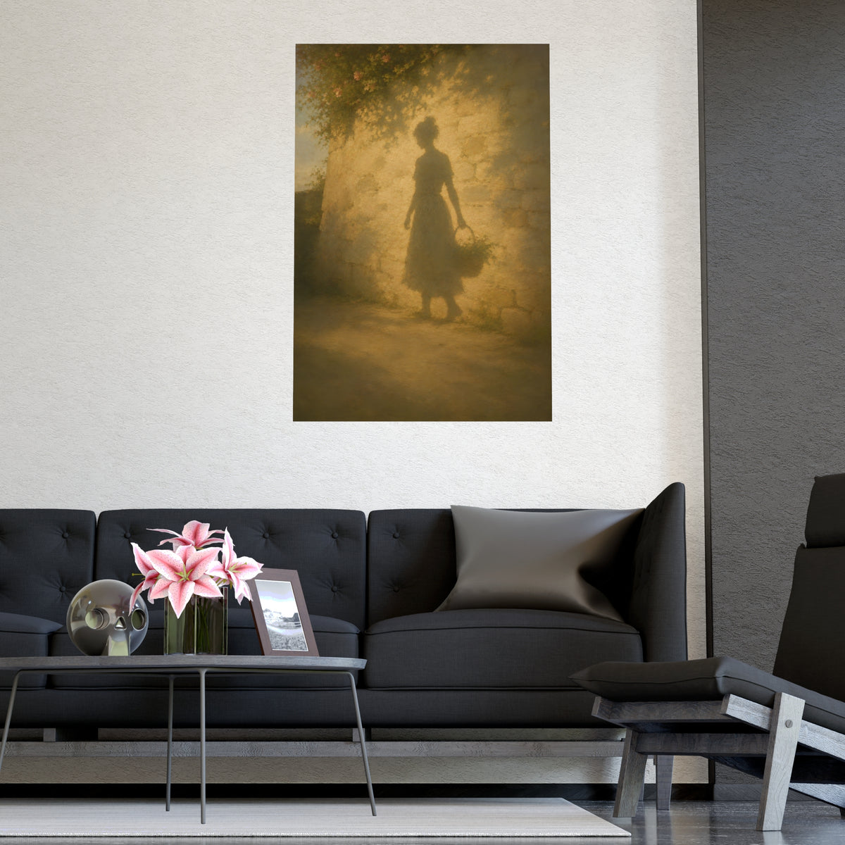 Her Shadow on the Wall — the long shadow of a woman carrying a basket, cast across a sunlit stone wall, shown framed on a wal