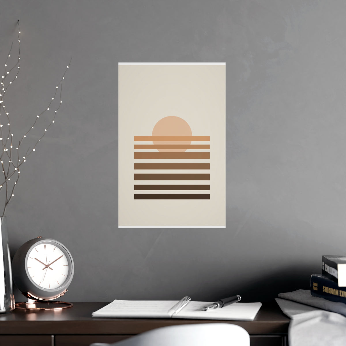 Warm Earth Sunset Boho Wall Art — sunset in a warm earth palette, shown framed on a wall