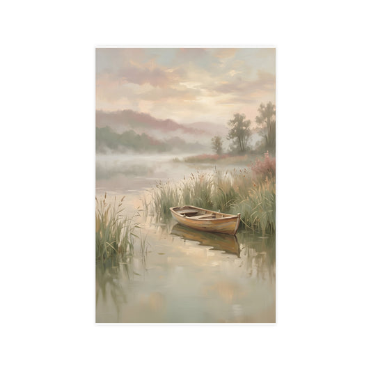 Rowboat at Dawn — a wooden rowboat moored among reeds as mist rises off the water, 11x17 in print