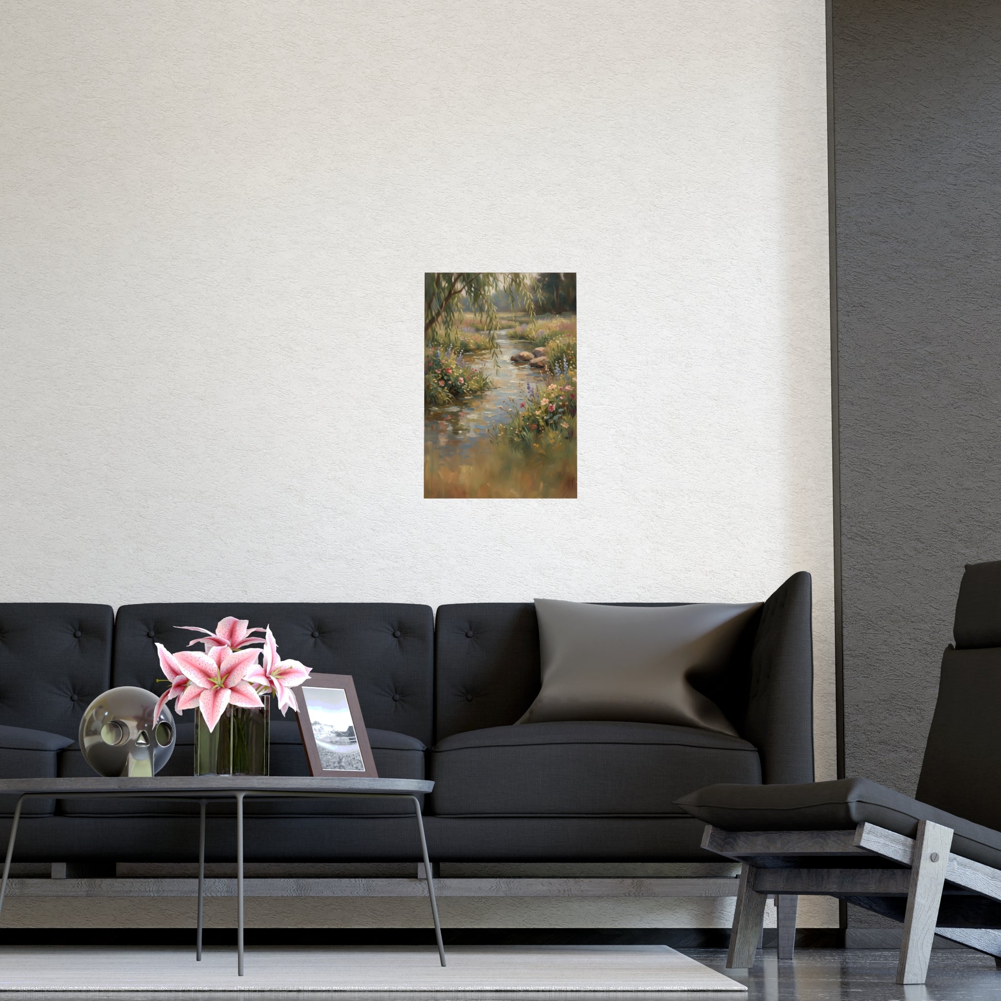 Willow Stream framed on a cream wall in a living room, 16x24 in print