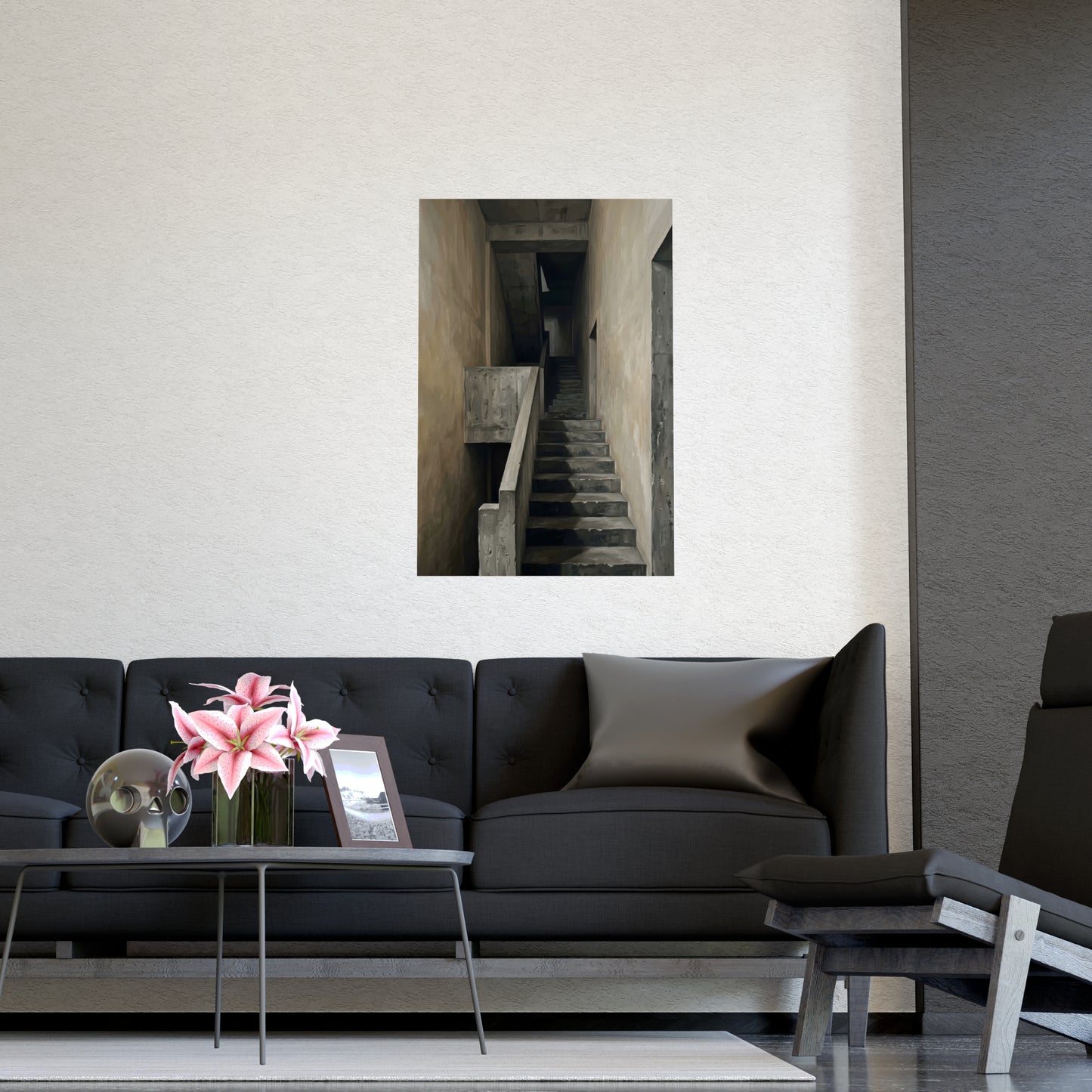 Concrete Stairwell on a living room wall beside a tall vase, 16x24 in print