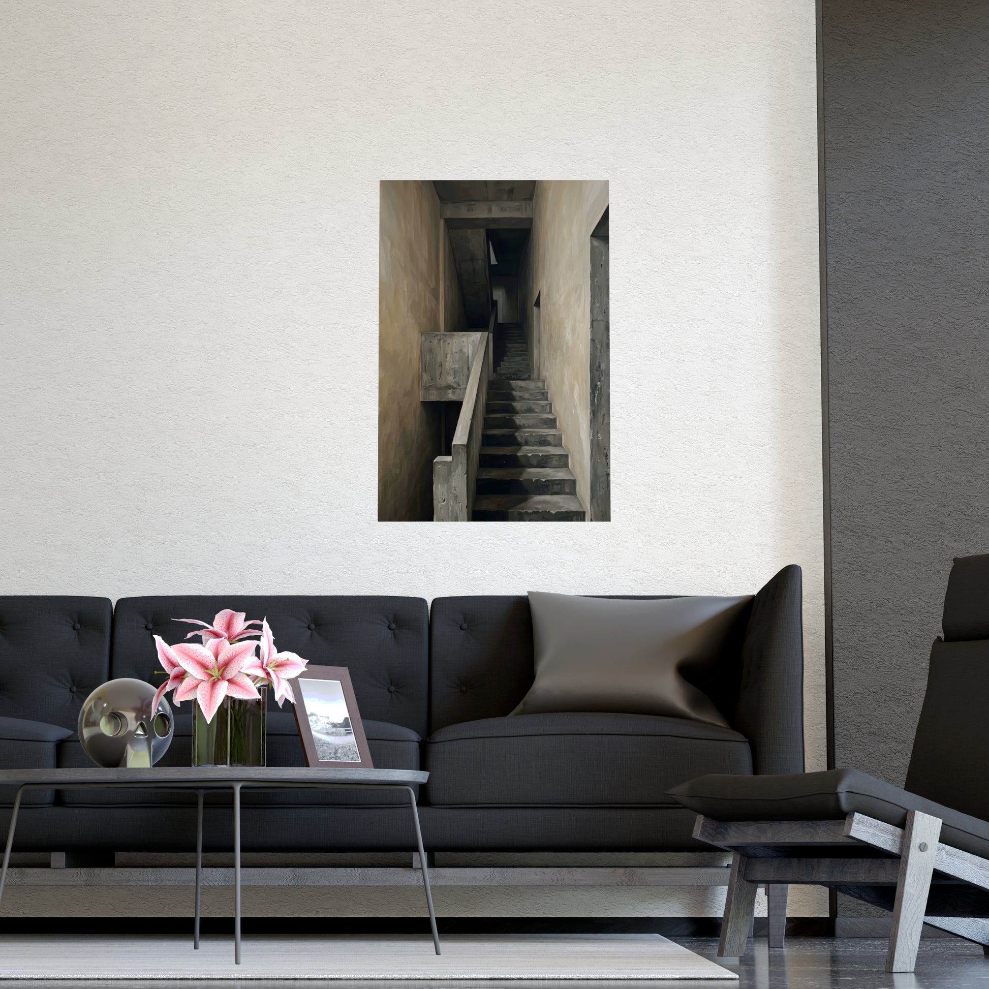 Concrete Stairwell on a living room wall beside a tall vase, 16x24 in print