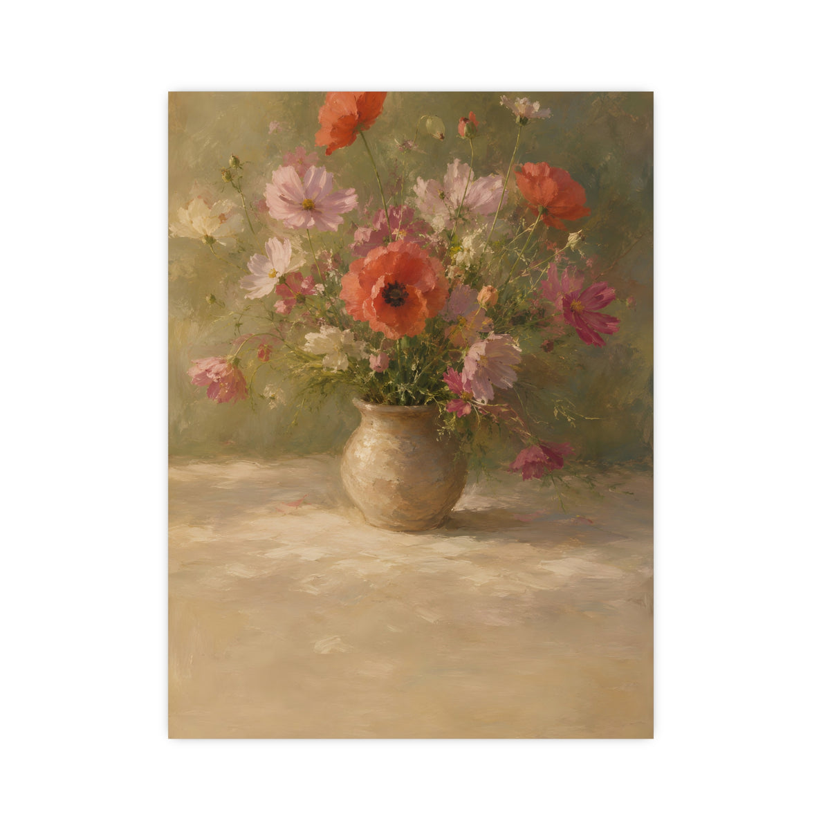 Poppy and Cosmos Bouquet — a loose bouquet of poppies and cosmos in an earthenware vase, 12x16 in print