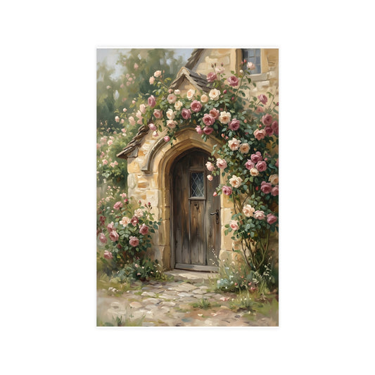 Rose Cottage Door — a stone cottage doorway framed by climbing roses in full bloom, 11x17 in print