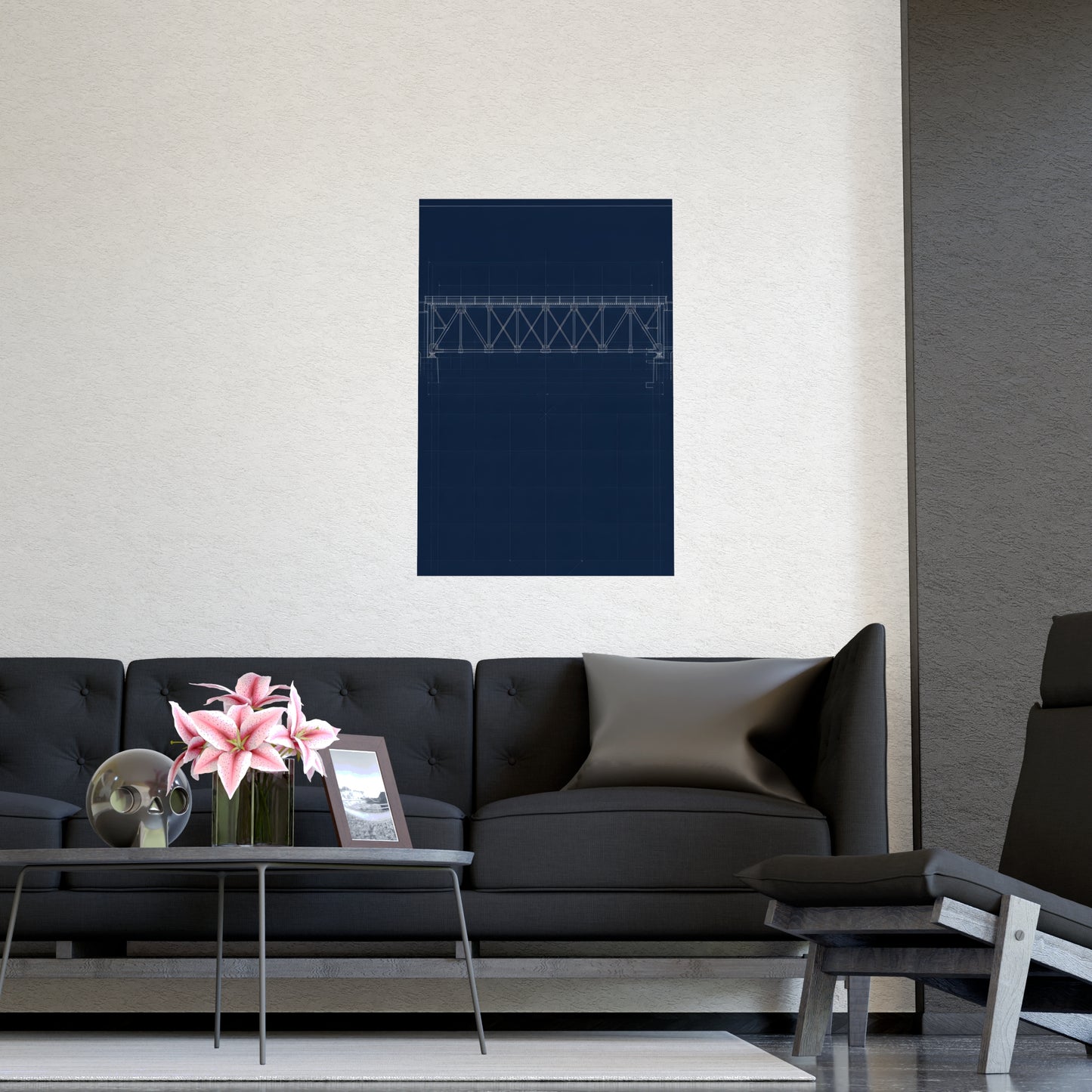 Bridge Truss hung above a sofa with a side table and lilies, 16x24 in print