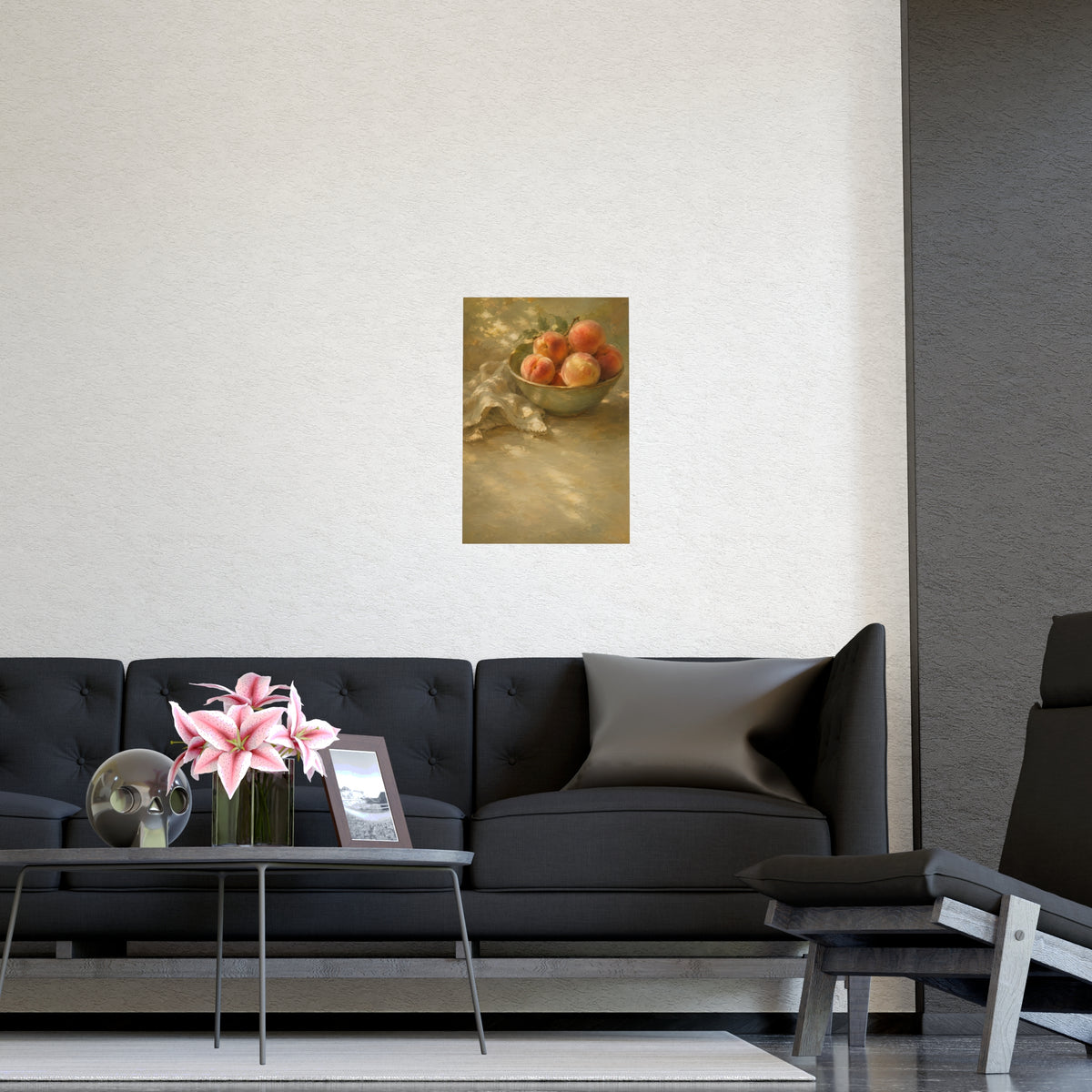 Bowl of Peaches — a bowl of ripe peaches and a folded linen napkin on a sunlit table, shown framed on a wall