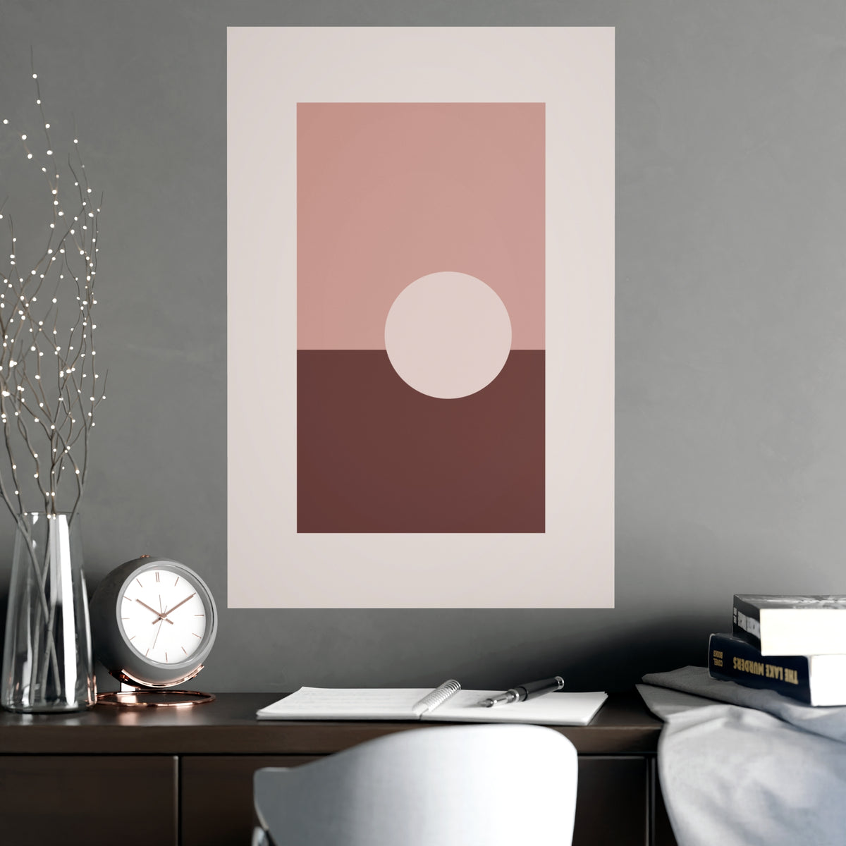 Dusty Rose Sun Landscape Wall Art — sun landscape in a dusty rose palette, shown framed on a wall