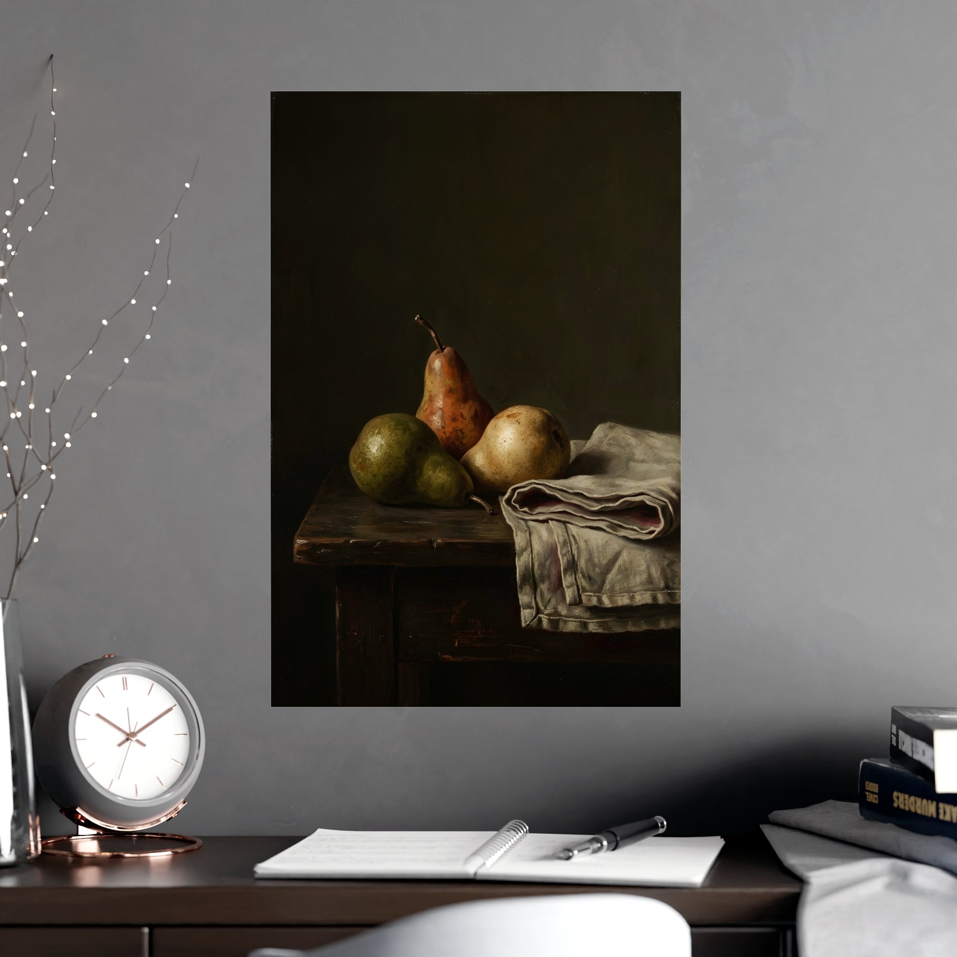 Three Pears hung above a sofa with a side table and lilies, 16x24 in print