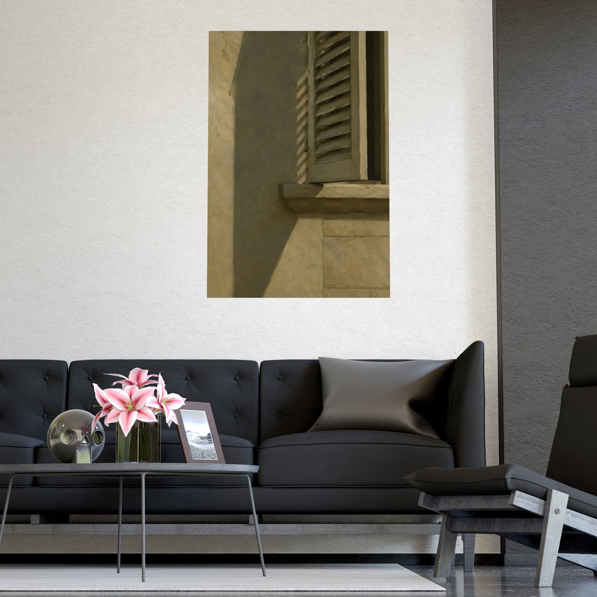 Shutters, Half Closed — shutters, half closed, shown framed on a wall