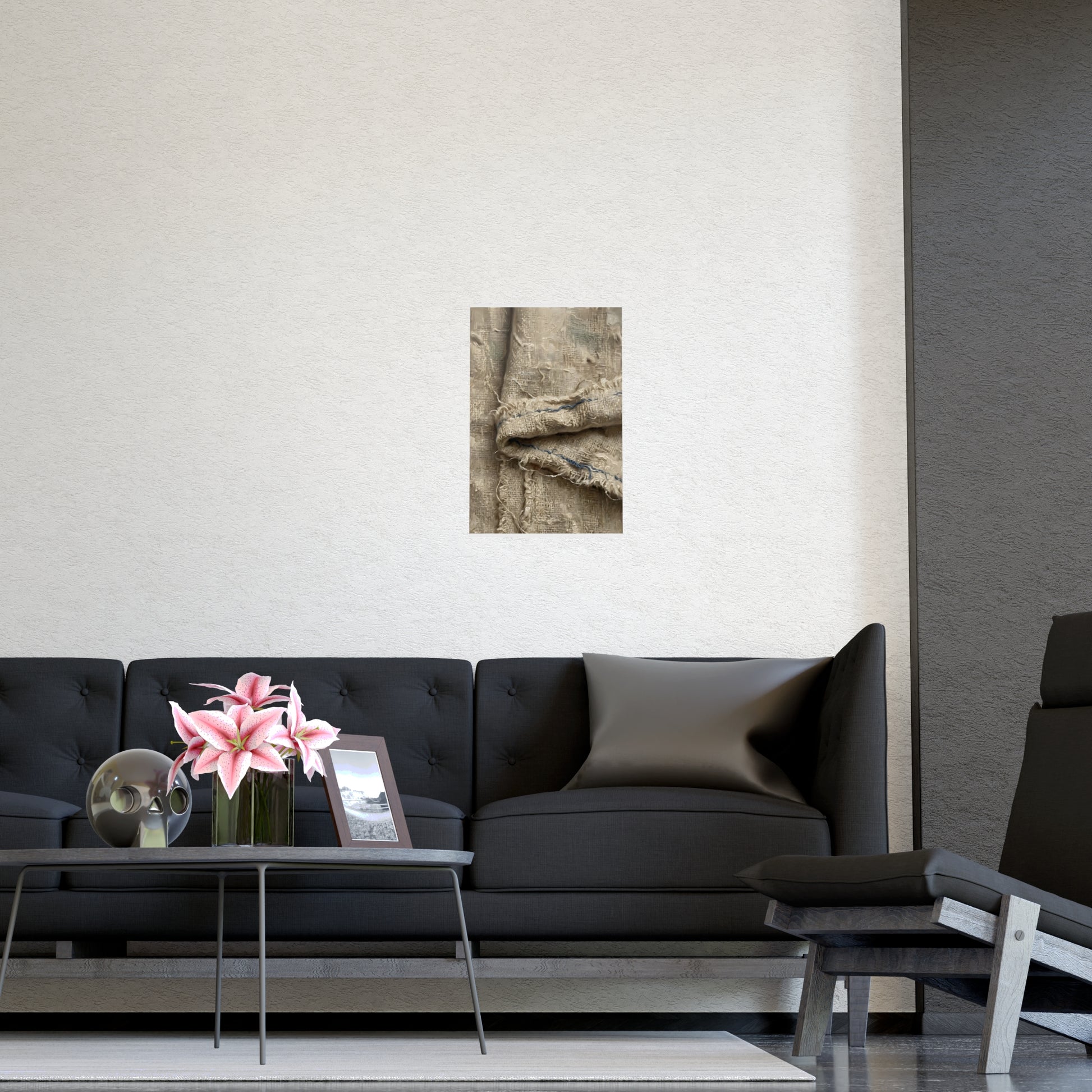 Folded Linen hung on a grey wall above a dark sofa, 12x16 in print