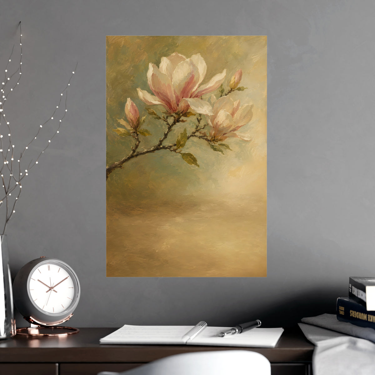 Magnolia Branch — a single magnolia branch in bloom, shown framed on a wall