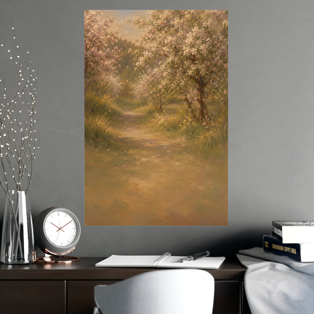 Orchard Path in Spring — a quiet orchard path with blossom drifting, shown framed on a wall