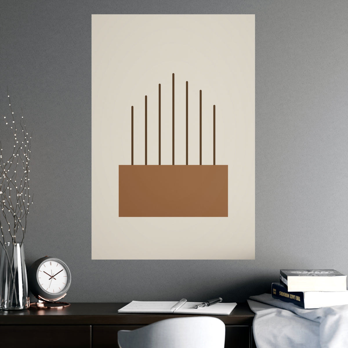 Warm Earth Lines Boho Wall Art — lines in a warm earth palette, shown framed on a wall