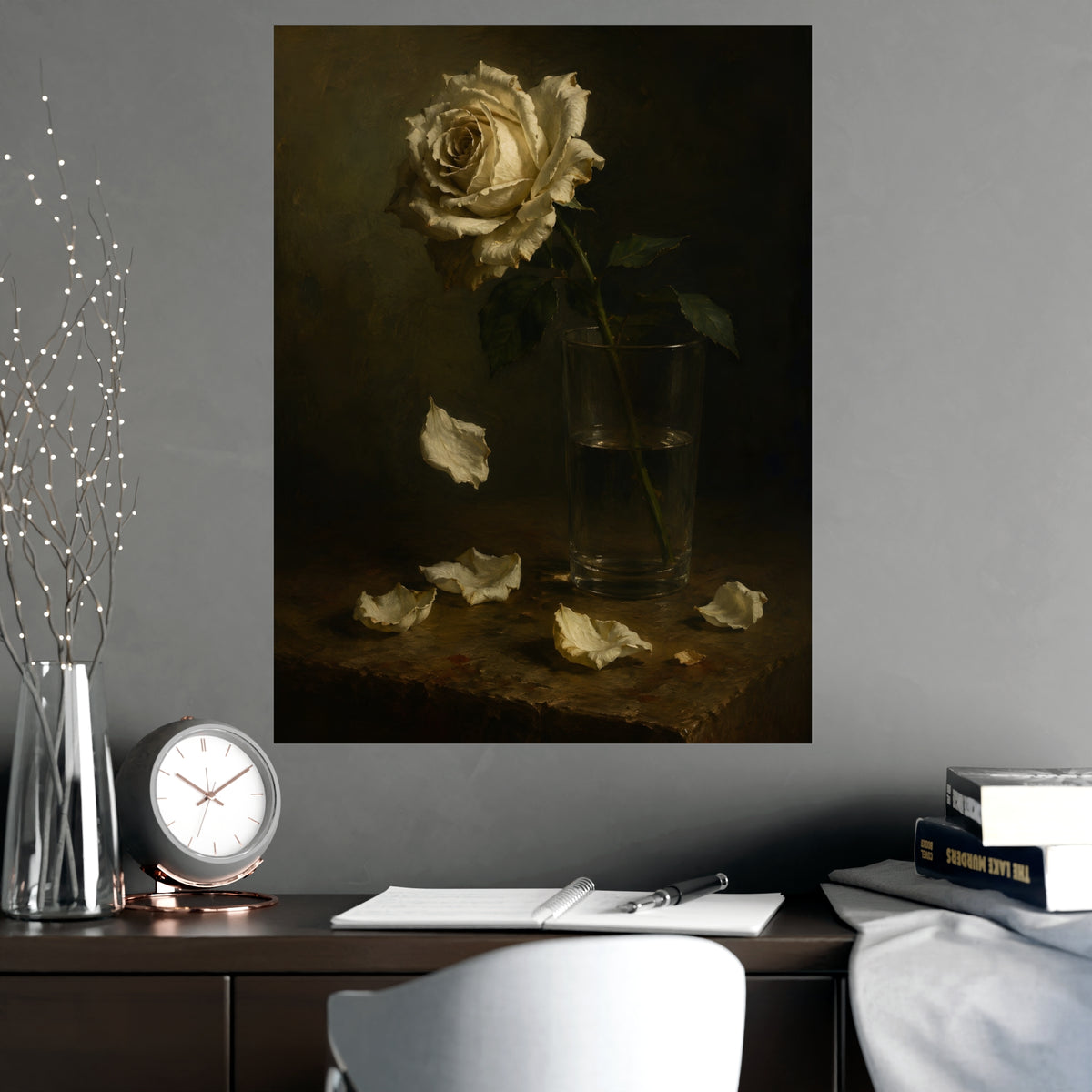 White Rose, Falling — white rose, falling, shown framed on a wall