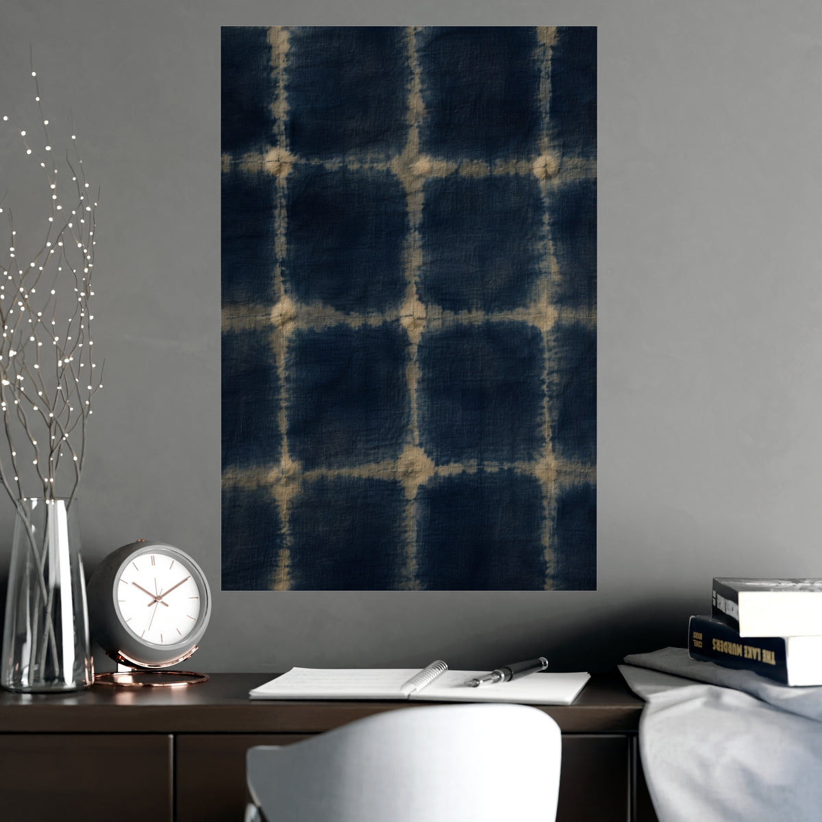Indigo, Tied — indigo, tied, shown framed on a wall