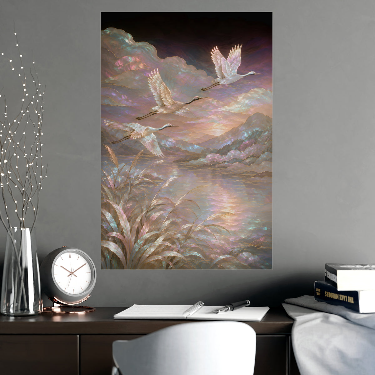 Cranes over Water — cranes over water, shown framed on a wall