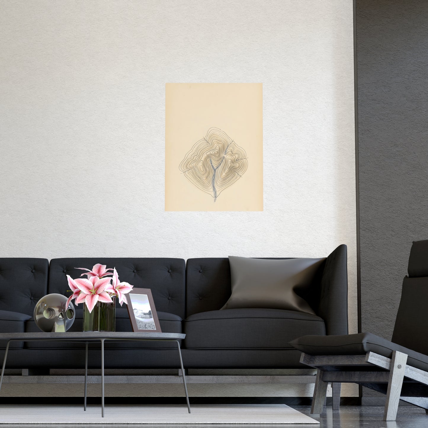 Contour Lines hung on a grey wall above a dark sofa, 11x17 in print