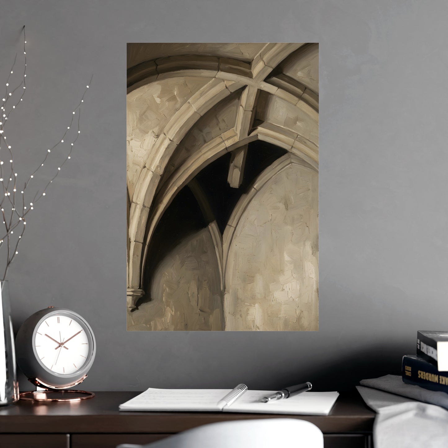 Vaulted Ceiling hung above a sofa with a side table and lilies, 16x24 in print