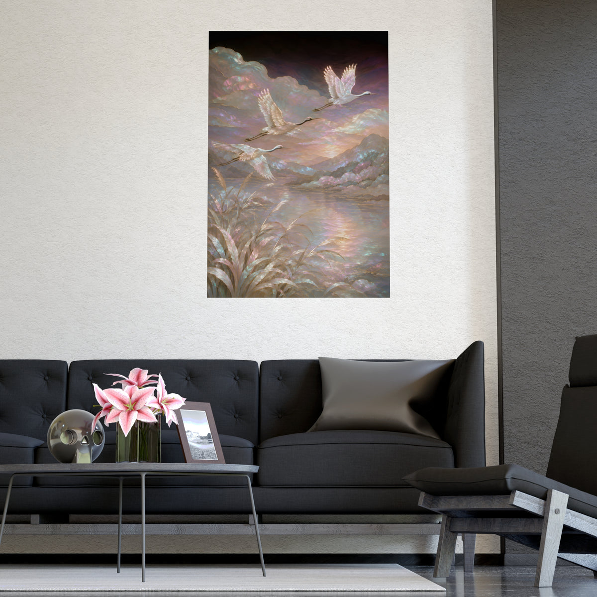 Cranes over Water — cranes over water, shown framed on a wall