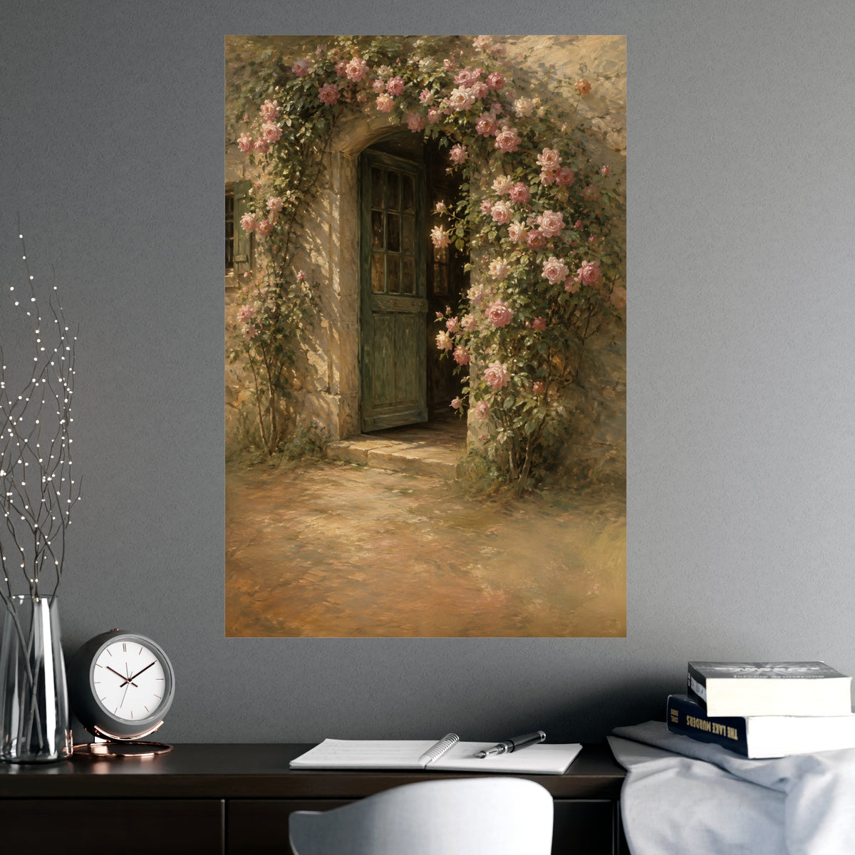 Rose Cottage Door — a stone cottage doorway framed by climbing roses in full bloom, shown framed on a wall