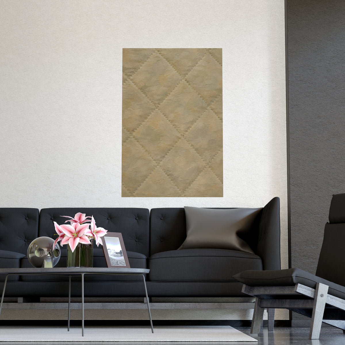 Quilted, in Relief — quilted, in relief, shown framed on a wall