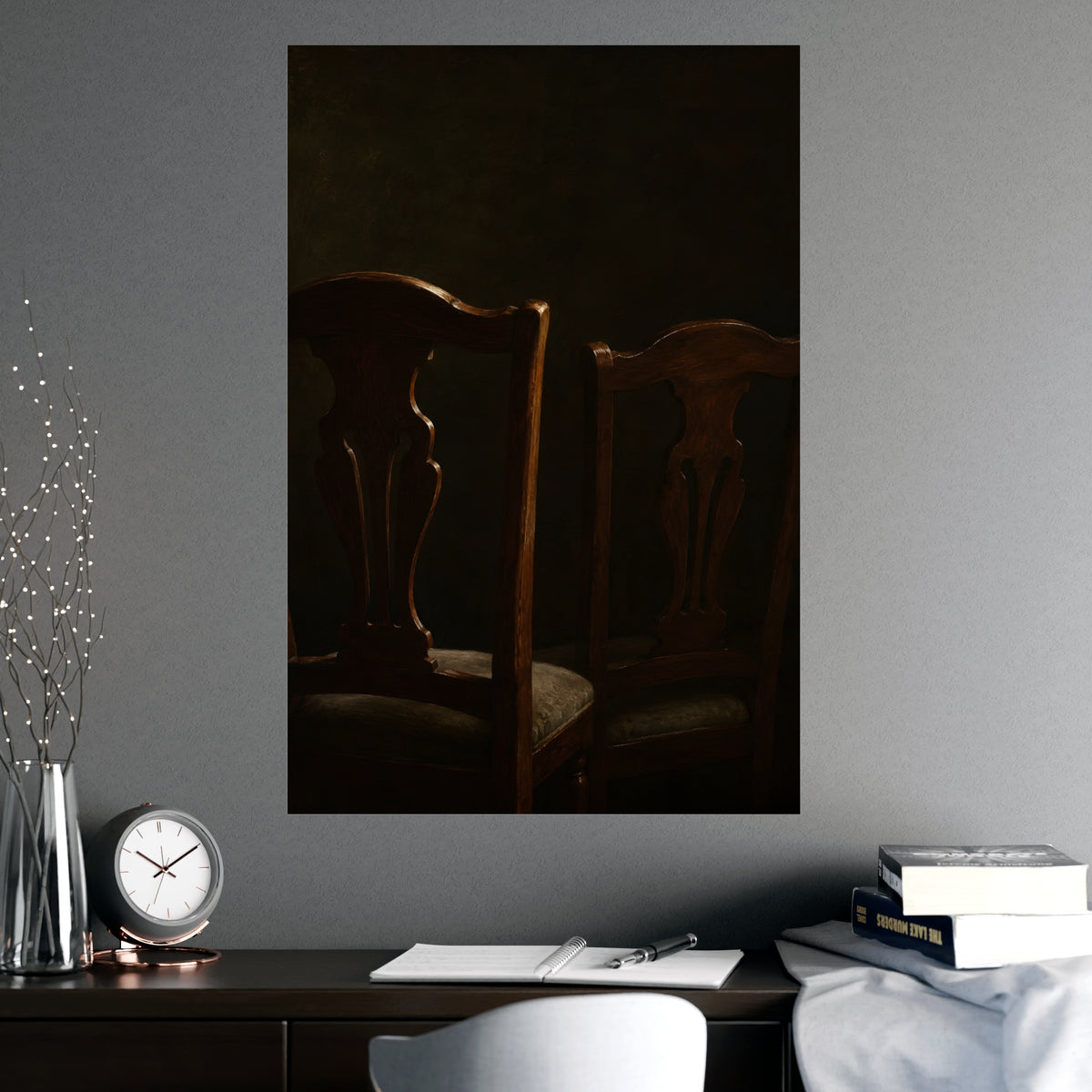 Two Chair Backs — two chair backs, shown framed on a wall