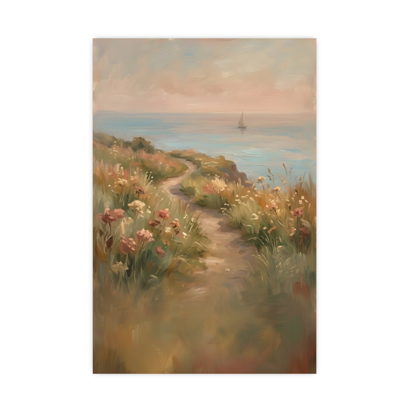 Coast Path — a sandy path through wild grasses and sea pinks with a calm sea beyond, 18x24 in print