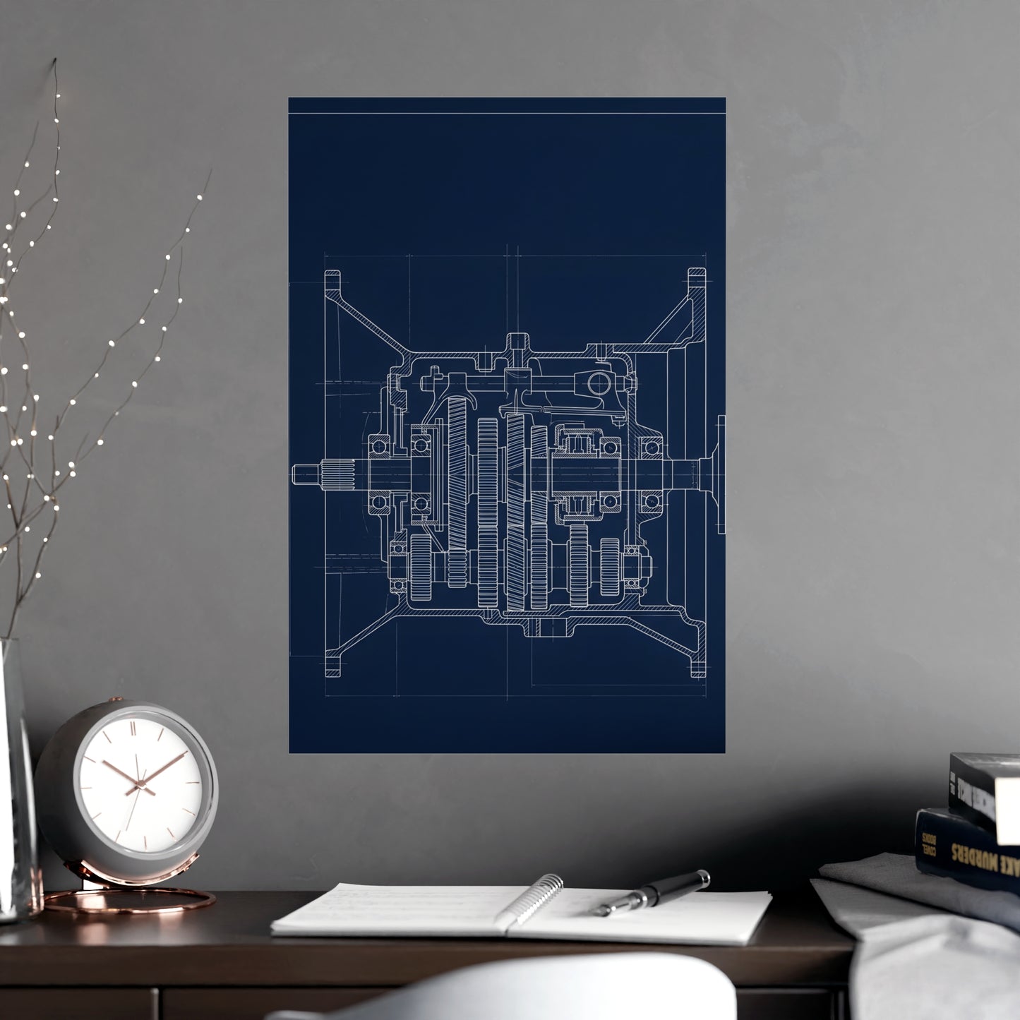 Gearbox, in Cutaway on a living room wall beside a tall vase, 18x24 in print