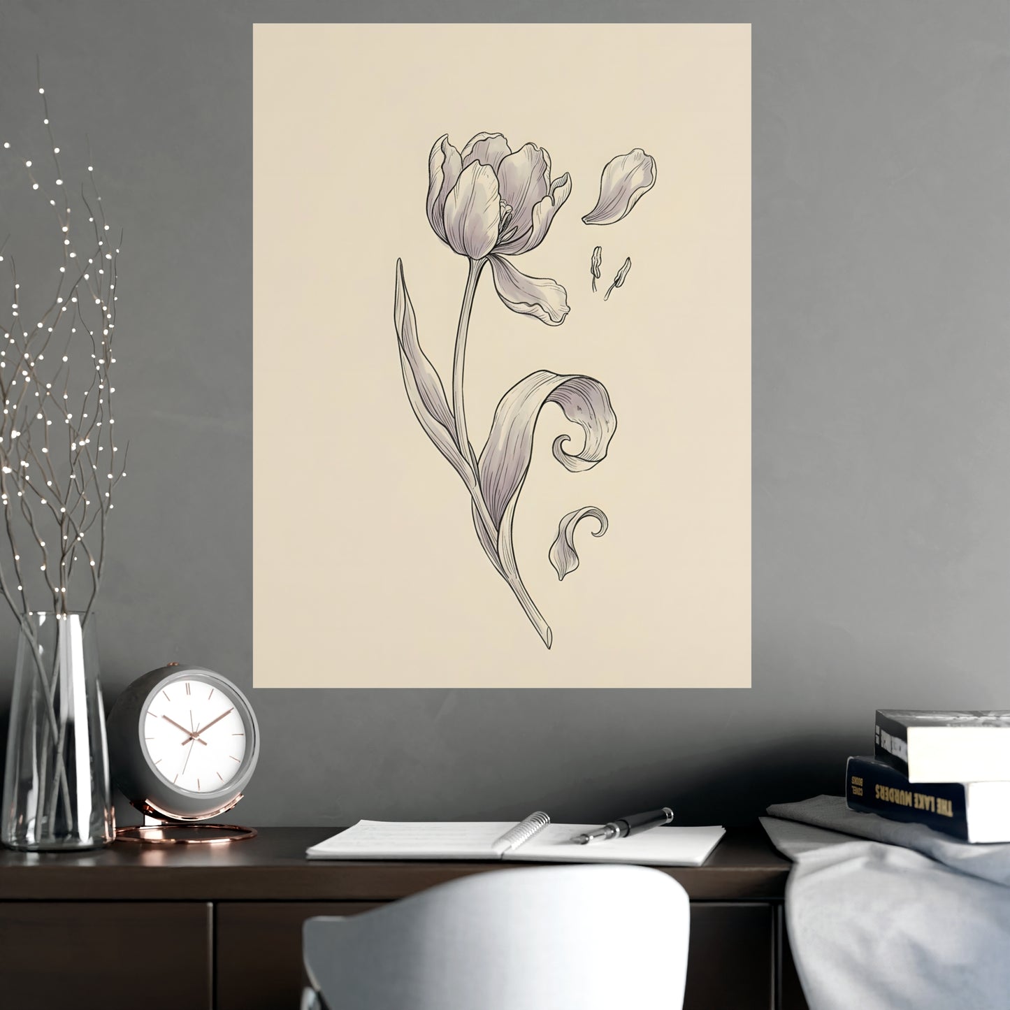 Tulip, Just Past hung above a sofa with a side table and lilies, 18x24 in print