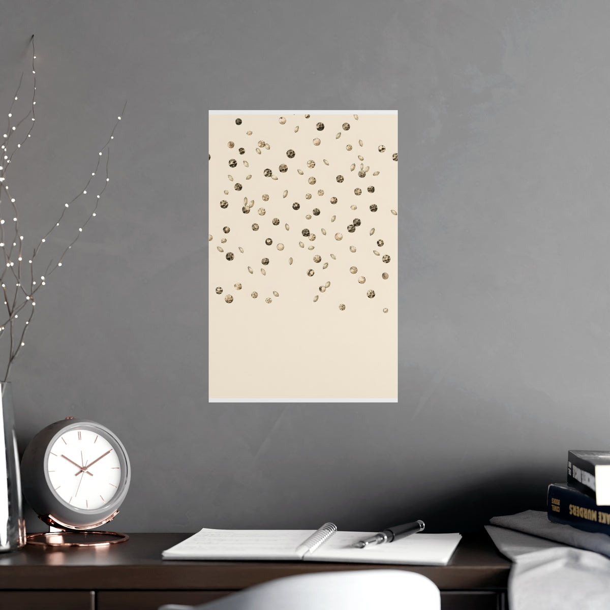 Scattered Seeds — scattered seeds, shown framed on a wall